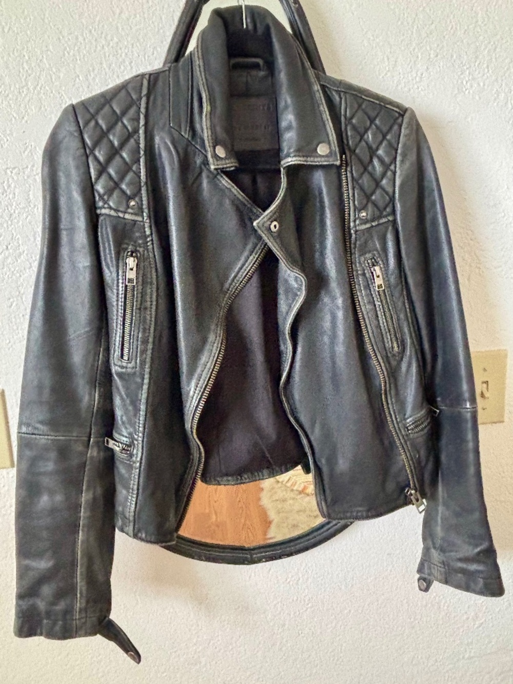 AllSaints Black Leather Quilted Moto Jacket
